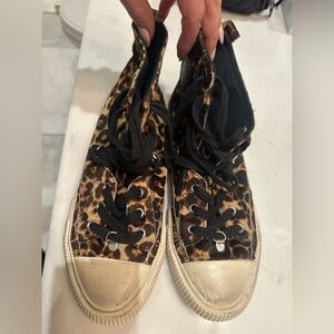 ALL SAINTS Leopard Calf Hair Elena High Top Sneakers Women's Size 40